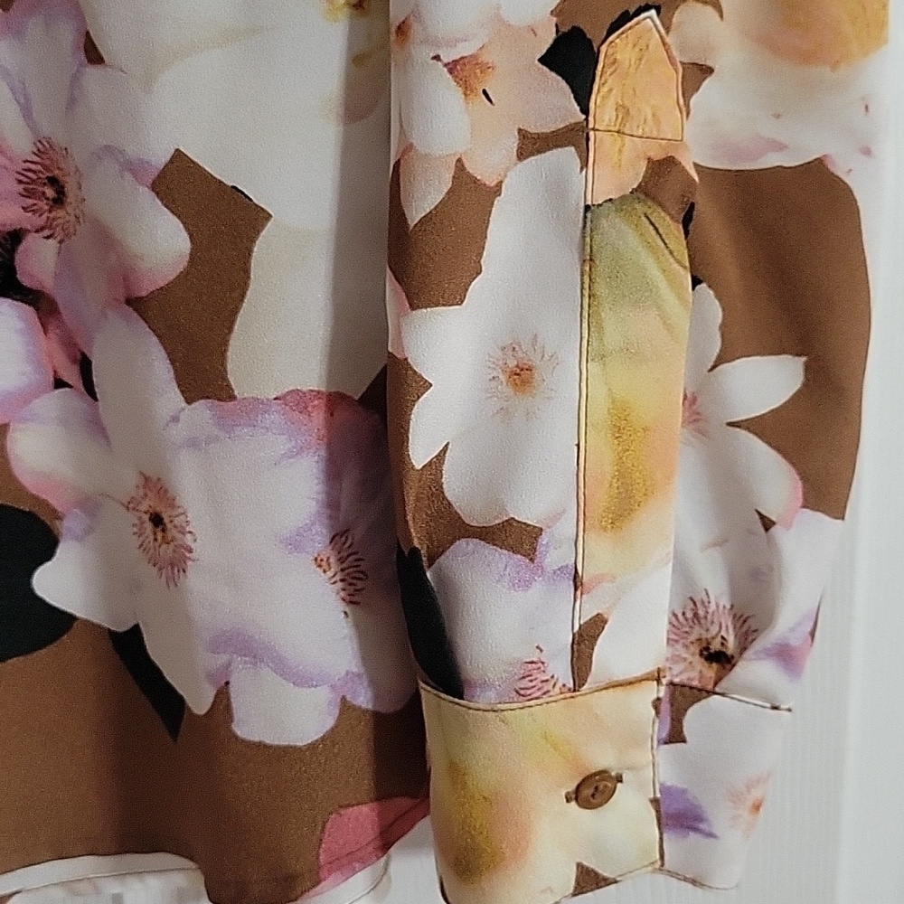 Calvin Klein Floral Button Front Brown Pink White Long Tab Sleeve Top Sz Medium - Picture 5 of 9